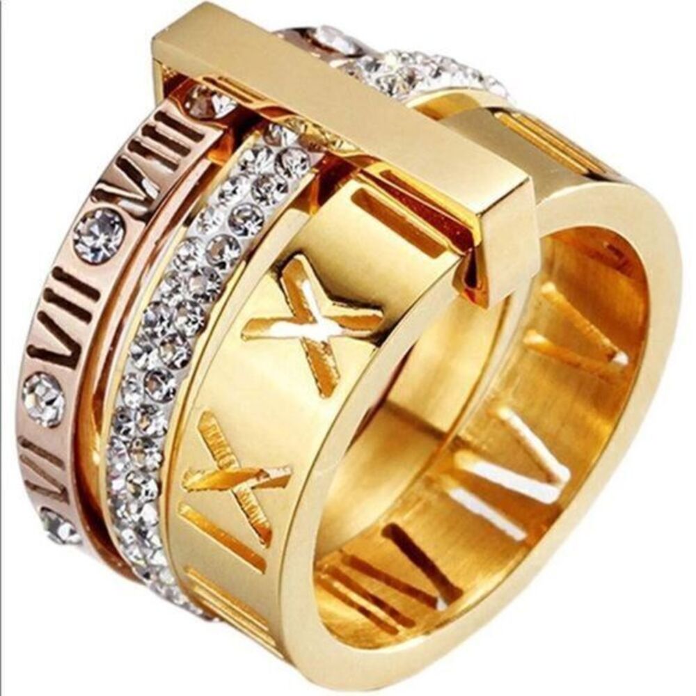 Women's Stainless Steel Zirconia Roman Tiffany like Numerals 3-1 Ring SIZE 8.5